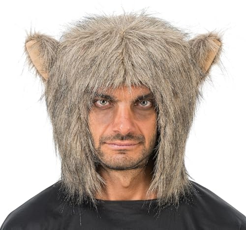 Chaks - Werwolf Mütze mit Fell und Ohren, Tierkopf mit Kunstfell | Kostüm Accessoire für Halloween und Karneval, Tiermütze im Werwolf Design, Mottoparty und Fantasy Look