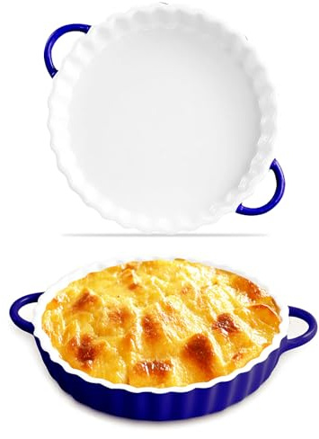Jinfanshurich Teglia per torte in ceramica, rotonda, 26 cm, con manici, per quiche e casseruole, adatta al forno, al microonde e alla lavastoviglie, rivestimento antiaderente (bianco-blu)