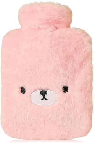 Hot Water Bottle with Cute Fleece Cover, 2L Hot Water Bag for Hot and Cold Compress, Hand Feet Warmer, Neck and Shoulder Pain Relief, Bear Pink