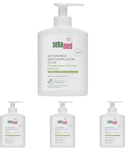 Sebamed seifenfreie Waschemulsion Olive 200 ml mit Spender, Pflegekomplex mit Olivenöl und Panthenol, für sensible, anspruchsvolle Haut, zur Hand-, Gesichts- und Körperreinigung geeignet