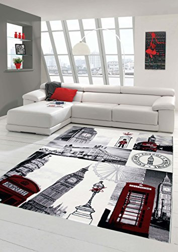 Designer Teppich Moderner Teppich Wohnzimmer Teppich London Motiv Creme Grau Rot Schwarz Größe 200 x 290 cm