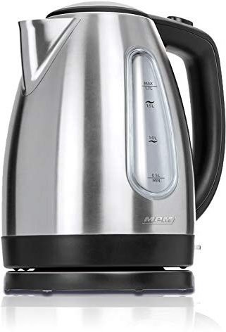 MPM MCZ-70M Elektrischer Wasserkocher, Fassungsvermögen 1,7 l, Kabellos, BPA-freier Edelstahl, Anti-Kalkfilter, Automatische Abschaltung, 2200 W, Stahl/Schwarz