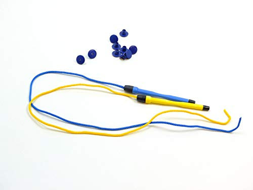 2er Set Magnetstifte klein (1xblau 1xgelb) + 10 Stück Snip-Verbinder (2 Davon mit Löchern) / Ersatzstifte für Wandspiele, Tischspiele + Großspiele / Länge Schnur inkl. Stift: 70 cm / Stift: 12 cm