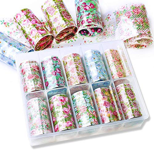 SILPECWEE 10 Rolls Starry Sky Nail Art Foil Sticker Colorful Flower Rose Nail Film Wraps Decals Manicure Transfer Decoration (1.57inches×39.4inches)