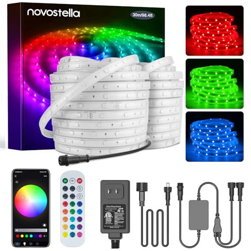 Novostella 105ft (52.5x2) Smart LED Outdoor Rope Light, Music Sync RGB Strip Lights, App Control and RF Remote Color Changing Dimmable Tape Exterior Lighting Kit, for Garden Stairs Party, 24V IP65