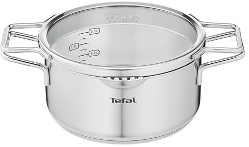 Tefal Nordica Faitout 20 cm (2,9 L) en acier inoxydable garanti 10 ans + Couvercle verre, Base diffusion de chaleur, Bec verseur, Egouttage facile, Tous feux dont induction H8524635