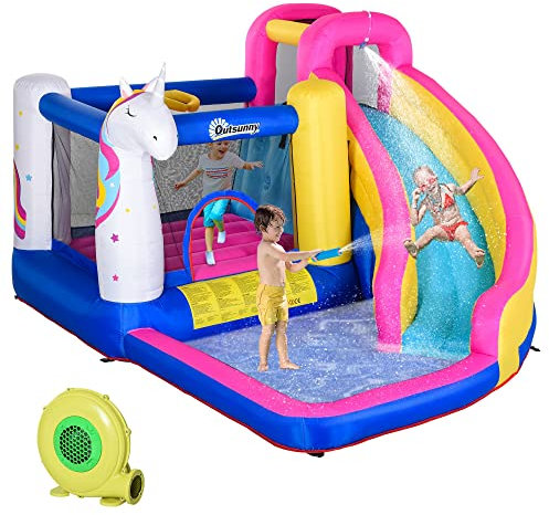 Outsunny Castillo Hinchable para Niños Castillo Inflable Infantil en Forma de Unicornio Parque Acuático con Tobogán Piscina Cama de Salto Inflador y Bolsa de Transporte 360x305x210 cm Multicolor