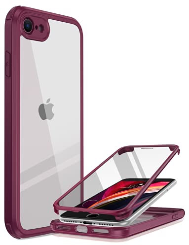 iPhone SE 2022 & 2020 Case, iPhone 8 Case [Built-in Glass Screen Protector] Military Grade Full Body 360 Shockproof Stylish Bumper Transparent Back Case Cover (Plum)