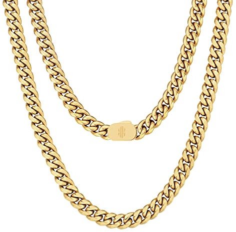KRKC&CO 8mm Panzerkette Herren Edelstahl, 18K Gold beschichtet Cuban Link Chain, Herren Golden Ketten Kubanische Gliederkette Gold Kette, Hip Hop Kette für Männer Jungen, Länge 66cm