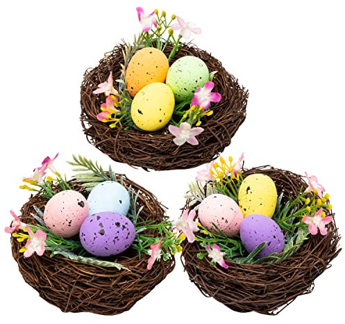 W1cwey Künstliches Osternest mit Vogelnest, Zubehör für Ostern, Basteln, Heimdekoration mit Nest, bunte gepunktete Eier, Blumenblatt Simulation, lebensechte Ornamente für Ostern, Garten, Hof