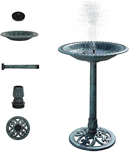 Bonnlo Pedestal Bird Bath Solar Fountain Birdbaths with Steel Ground Anchors Weather Resistant Resin Antique Green Garden Decor for Outdoor Lightweight Courtyard-71cm Tall