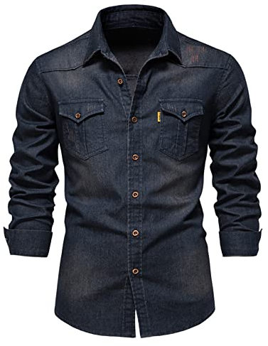 SSBZYES Chemises pour Hommes Chemises à Manches Longues pour Hommes Printemps Slim Fit Cardigan Chemises en Jean Couleur Unie Revers Tops Hauts pour Hommes Chemises pour Hommes