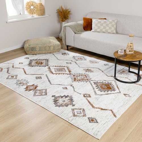 FRAAI | Home & Living Hochflor Teppich - Blend Aztec Creme Bunt - Kariert, Boho, Modern, Skandinavisch, Wohnzimmer, Esszimmer, Schlafzimmer - Fellteppich - Carpet