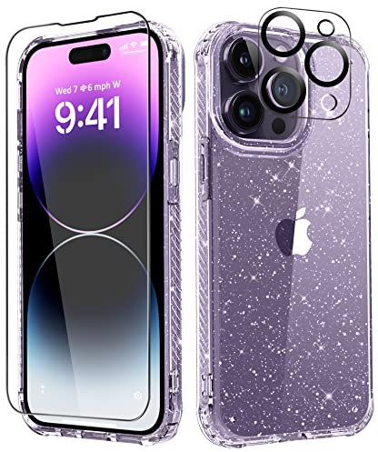 MIODIK for iPhone 14 Pro Max Case Clear Glitter, with Screen Protector + Camera Protector, [Military-Grade Protective] [Non-Yellowing] Slim Shockproof Women Cute Bumper Cover 6.7 2022 (Sparkle Clear)