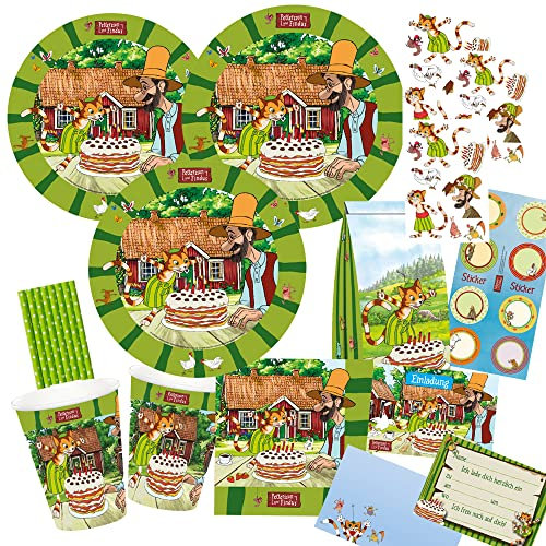 partystrolche/spielum 68-teiliges Party-Set Pettersson und Findus - Teller Becher Servietten Einladungen Tüten Tattoos Trinkhalme für 8 Kinder