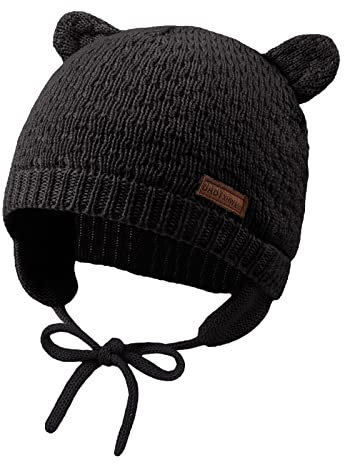 XIAOHAWANG Baby Wintermütze Jungen Mädchen Warmer Strickmützen Weicht Baumwolle-Futter mit Süße Bärenohren Winter Babymütze(Schwarz, 0-6 Months)