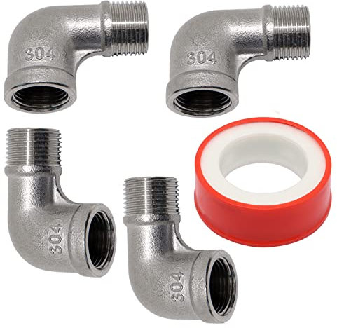 GDFYMI 90-Grad-Edelstahl-Straßenwinkel, 3/8 Zoll NPT-Gewinde, Guss-Rohrverschraubungen, Innengewinde x Außengewinde mit 1 Klebeband, Innen- und Außenverzahnung, Sanitärzubehör (4 Stück)