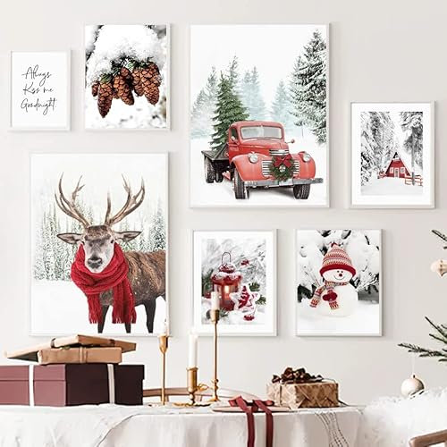 Milaiart Winter-Schnee-Landschaft, Bild, Leinwand, Gemälde, Wandkunst, Elch, Kiefernholz, Schneemann, Poster und Druck für moderne Wohnkultur, Weihnachtsdekoration (F, 30 x 40 cm, ohne Rahmen)