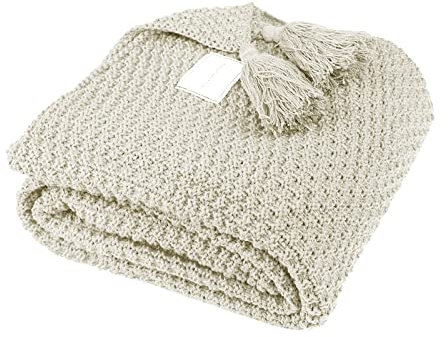 Knitted Sofa Throw Blanket 110x150cm Soft Cozy Home Bed Throw Blanket With Tassel Poms Poms Handmade Conditional Knitting Cable Blanket for Office Chair Couch Sofa Decorative