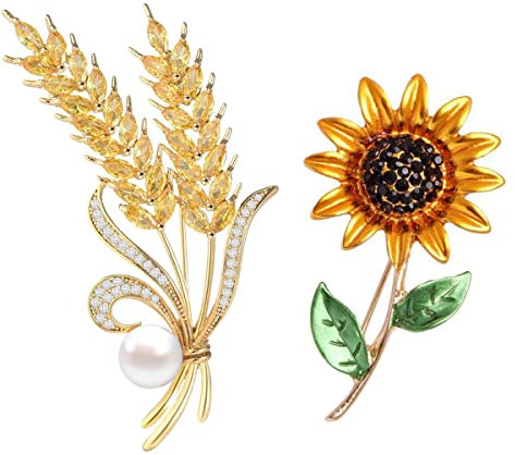 Weenkeey 2 Stück Sonnenblume Brosche Pin Frauen Österreich Kristall Strass Brosche Abzeichen Mode Weizen Ohren Brosche Hochzeit Braut Broschen Kragen Revers Pin für Kleid Mantel Hemden Hüte - Gold