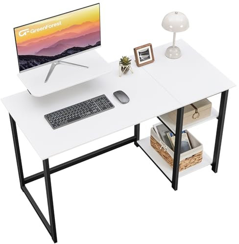 GreenForest Schreibtisch 120cm Mit Stauraum und Monitorständer - Bürotisch für Home Office, Weiß