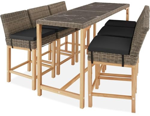 tectake® Rattan Bartisch mit Barhocker Set, Outdoor Balkon Möbel, Gartenmöbel Set mit Stehtisch und 6X Barstuhl mit Lehne, Theke in Marmor Optik, für Garten, Terrasse, Balkon - grau