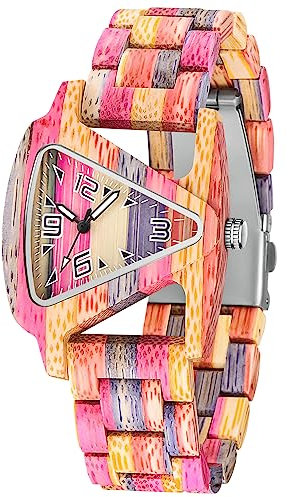 Tiong Damenuhr mit Holzdesign|Bunte Holzuhr mit verstellbarem Armband|Damen Quarzuhr| Locker & Alltagskleidung |Damen Holzuhr