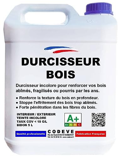 Durcisseur Bois - Codeve Bois - 20 L - Intérieur/extérieur - Pour Le Durcissement D'un Bois Vermoulu, Friable, Ramolli Ou Pourri.