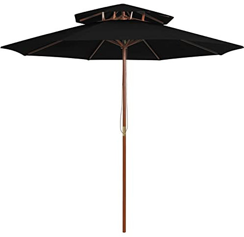 Homgoday Sonnenschirm mit Doppeldach und Holzmast Gartenschirm Balkonschirm Terrassenschirm Strandschirm Marktschirm Sonnenschutz UV-Schutz für Garten Terrasse Strand Schwarz 270 cm
