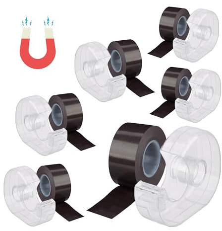Relaxdays Rouleau adhésif magnétique, Lot de 6, 5 m, dévidoir, Bande autocollante, aimanté, Tableau Blanc et réfrigérateur, Noir