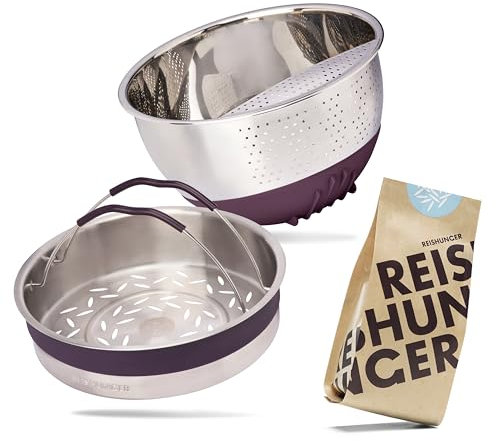 REISHUNGER Premium Upgrade Set für den Digitalen Reiskocher (1.5 l) - Edelstahl Reis Waschschüssel aubergine, Edelstahl Dämpfeinsatz & Reisset (8x200 g)