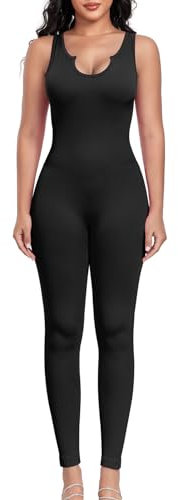 Aerides Jumpsuit Damen Gerippte Lang Ärmellos Yoga Bodysuit Einteiler Stretch Bodycon Playsuits Eng Overall Trainingsanzug Sexy Workout Sport Strampler(Schwarz, S)