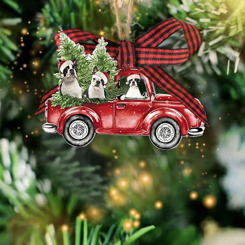 Talataca Boston Terrier 2D piatto in legno ornamento natalizio, Boston Bull Red Truck decorazione albero di Natale appeso casa fascino vigilia ricordo, accessori per specchio auto in legno, regalo di