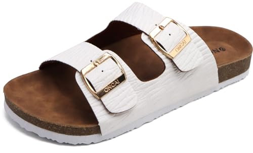 ONCAI Mens Sandals,Beach Slides Cork Footbed Summer Slippers with Adjustable Buckle Straps Woodgrain White Size 11