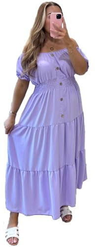 eyes Womens Off Shoulder Midi Dress Bardot Puff Sleeve Tiered Summer Dress Ladies Shirred Waist Button Front Flowy Holiday Dress Casual Beach Wedding Guest Dress UK Plus Size UK 12-24