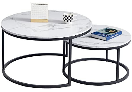 TTATC Lot de 2 Tables Gigognes Rondes avec Pieds en Métal, Plateau en MDF Imitation Marbre Blanc, Table Basse Moderne 60 * 40, Pied Noir