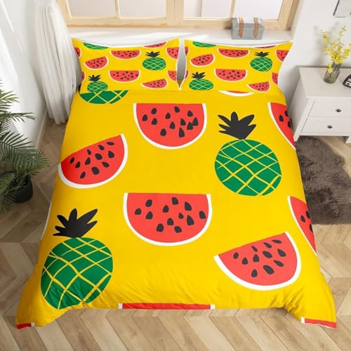 Wassermelone-Ananas Bettwäsche 200x200 cm Weich Microfaser Bettwäsche-Sets Kind Bettbezug 3D Bettbezüge mit Reißverschluss und 2 Kissenbezug 80x80 cm, F6934