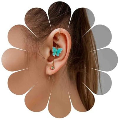 Dervivea Bohemia Ear Cuff Wrap Hook Earrings Blue Butterfly Gold Alloy Rhinestone Crystal Long Piercing Earrings Jewelry for Women