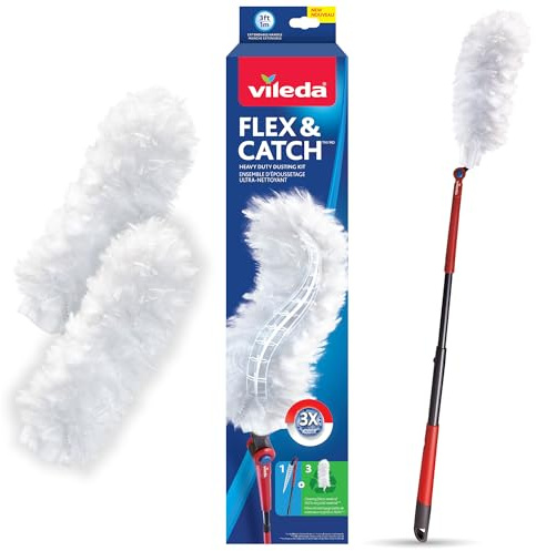 Vileda Flex & Catch - Kit per spolverare resistente con 3 ricariche usa e getta, manico estensibile da 9,6 m con gancio per spolverare permanente, intrappola 3 volte più polvere rispetto ai piumini