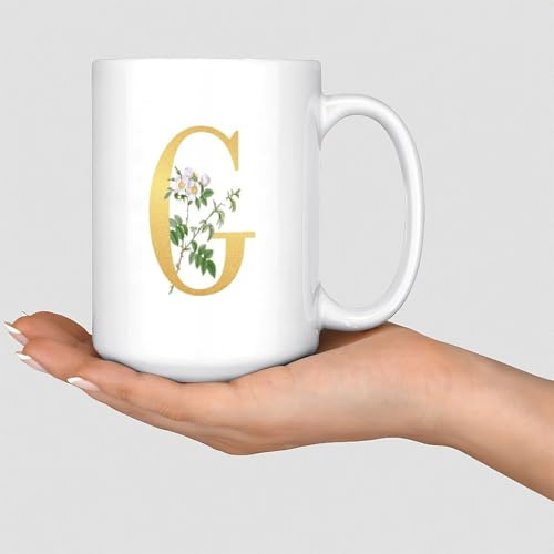 Wodevor Initial Letter G Monogram Gold Coffee Mugs 15oz Flowers Monogram Name Personalised Coffee Cup Gift for Friends Coworkers Boss Employee Adults Ceramic White