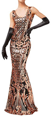 Generico Vestiti Smeraldo Abito Vintage da Donna Abito Senza Maniche Sexy Abito da Leggero con Paillettes Anni '20 Gonna Lunga a di Pesce Sottile Vestito da Damigella (Rose Gold, L)