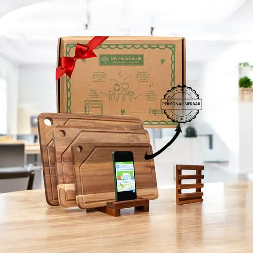 Personalisierte Premium 3er Set Schneidebretter - Küchenbretter aus Akazienholz mit Ständer und Handyhalterung - Hochwertiges Holzbrett mit Saftrille für die Küche