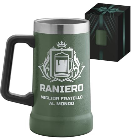 Maverton Boccale birra personalizzato in acciaio inox - Tazza personalizzata verde da campeggio 700ml - Tazza termica 6h caldo/10h freddo - Bicchieri birra - Regalo uomo compleanno - Regalo fratello