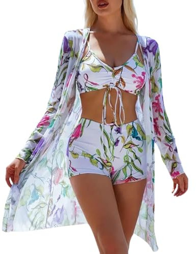 Xumplo Womens 3 Piece Bikini Sets with Long Sleeve Cover Ups Swimming Costume Ladies Floral Print Halter Tops+Bottoms+Cardigan Beachwear Bathing Suits-M