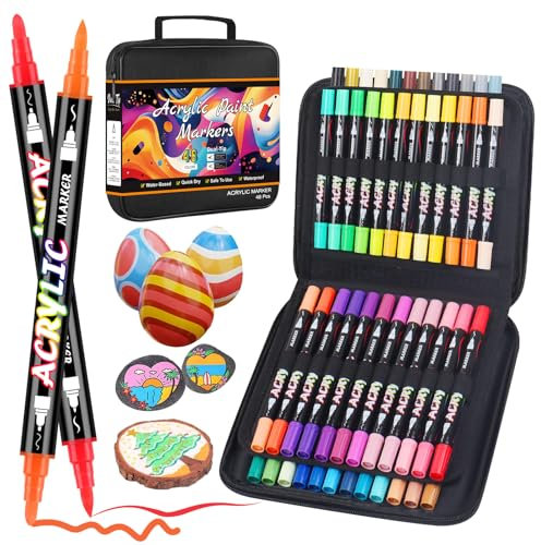 Sonlaryin Rotuladores Acrilicos 48 Colores 48 Piezas, Rotuladore de Pintura Acrílica Doble Punta con Fina y Pincel, Rotuladores para Roca, Cristal, Cerámica, Plastico, Tela, Metal