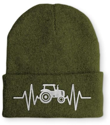 tshirtladen Mütze - Traktor Herzschlag Landwirt - Beanie One Size - Wintermütze Soft Touch - Spruchmütze bestickt, Farbe: Olive