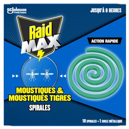 Raid Max Spirales - Anti-Moustiques & Moustiques Tigres - Action Rapide - Protection Efficace En Extérieur - 10 Spirales + 1 Socle Métallique