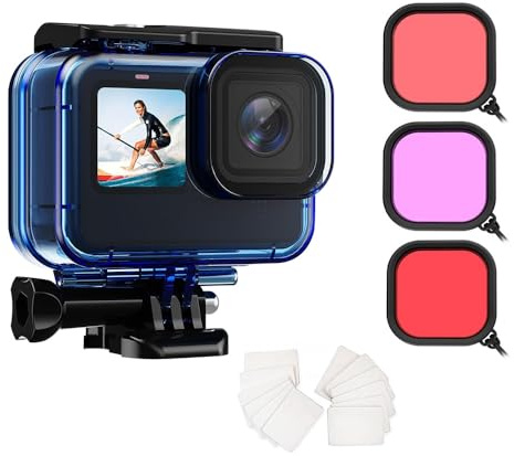 Custodia impermeabile con filtri subacquei per GoPro Hero 13/12/11/10/9, colore nero, 60 m, con filtri rossi e magenta, per immersioni, snorkeling e sport acquatici