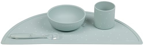 Nattou Vaisselle en Silicone pour Enfants, Set Repas 4 Pièces, 1 Cuillère, 1 Bol avec Couvercle, 1 Gobelet, 1 Set de Table, sans BPA, Vegan, Silicone, Motif Vert