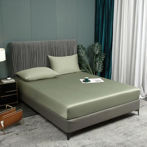 DXHOME Bambus Spannbettlaken 200x200 cm Salbeigrün Grün Antibakteriell Weich Spannbetttücher Kühlende 100% Bambus Spannbetttuch Set Doppelbett Uni Leintuch für Hohe Matratze Hoher Steg bis 25-30 cm